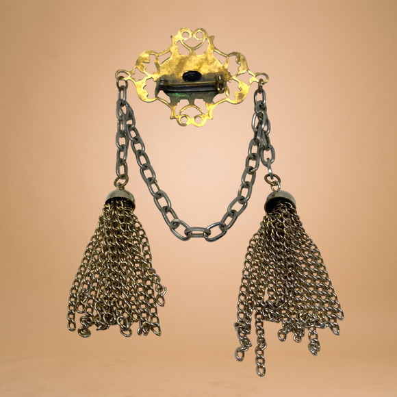 Vintage Art Deco Black Cabochon Dangle Chain Metal Tassel Brooch Pin Statement - Picture 3 of 4